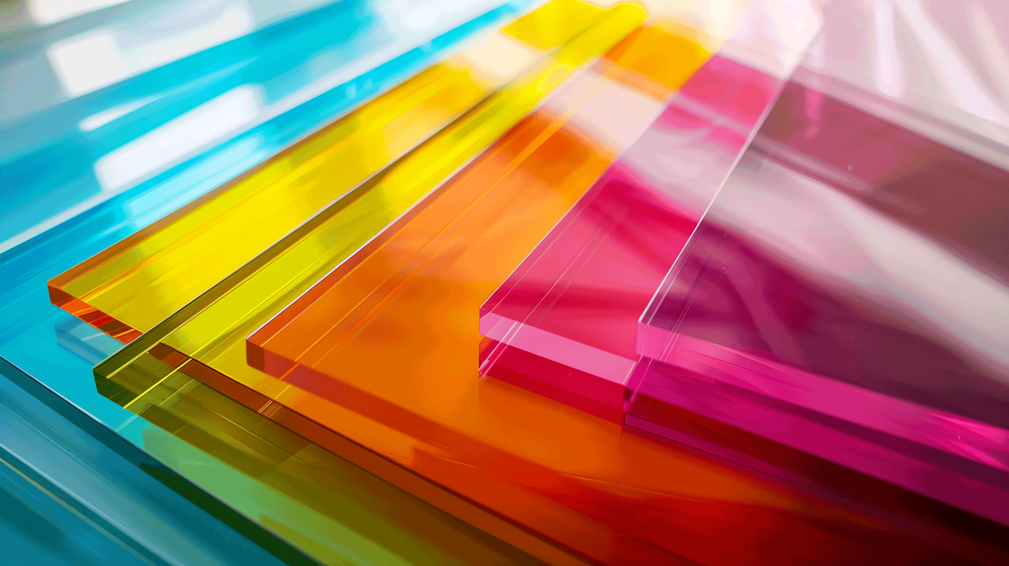 Thick sheets of transparent plexiglass in bright colors lying on top of each other 
