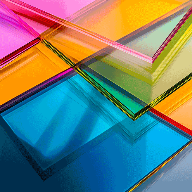 A vibrant abstract pattern of overlapping thick sheets of clear colored plexiglass. This image is suitable for use in design projects, modern interiors and as a background